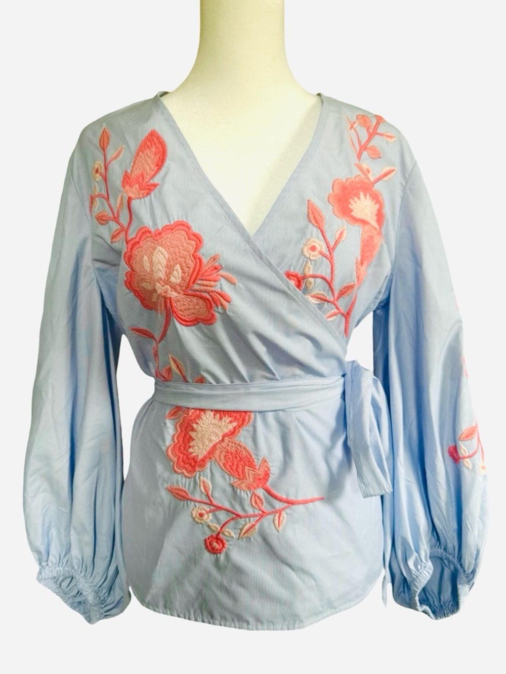 NWT INC Light Blue Wrap Blouse with Coral Floral Embroidery (small)